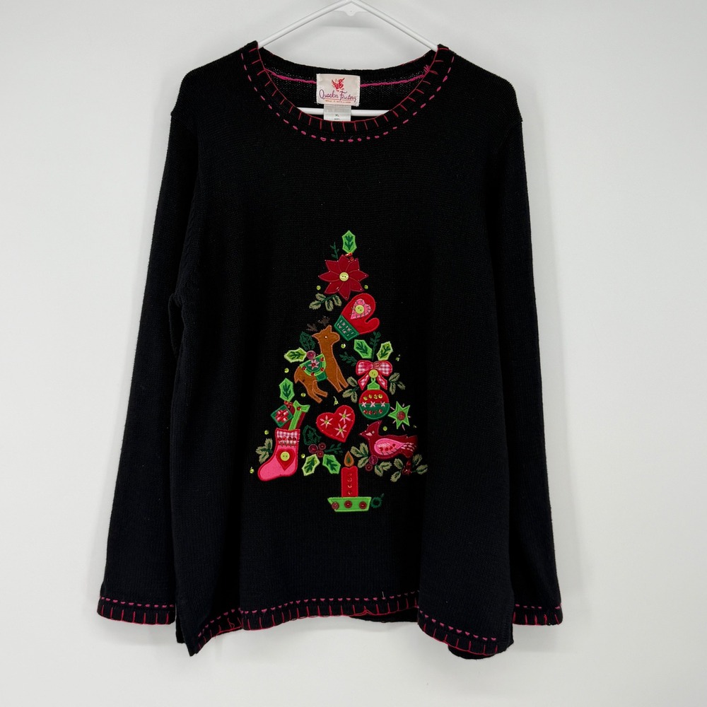 Quacker Factory Womens‎ XL Black Christmas Tree Embroidered Sweater Ramie Cotton